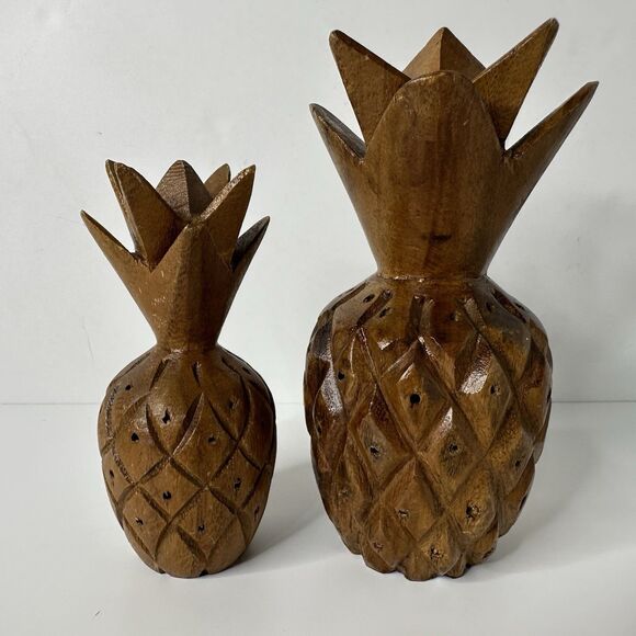 MCM 2 Hand Carved Pineapple Toothpick Holders Appetizer Cheese Kitchen 6" 8" Vtg - Picture 13 of 16